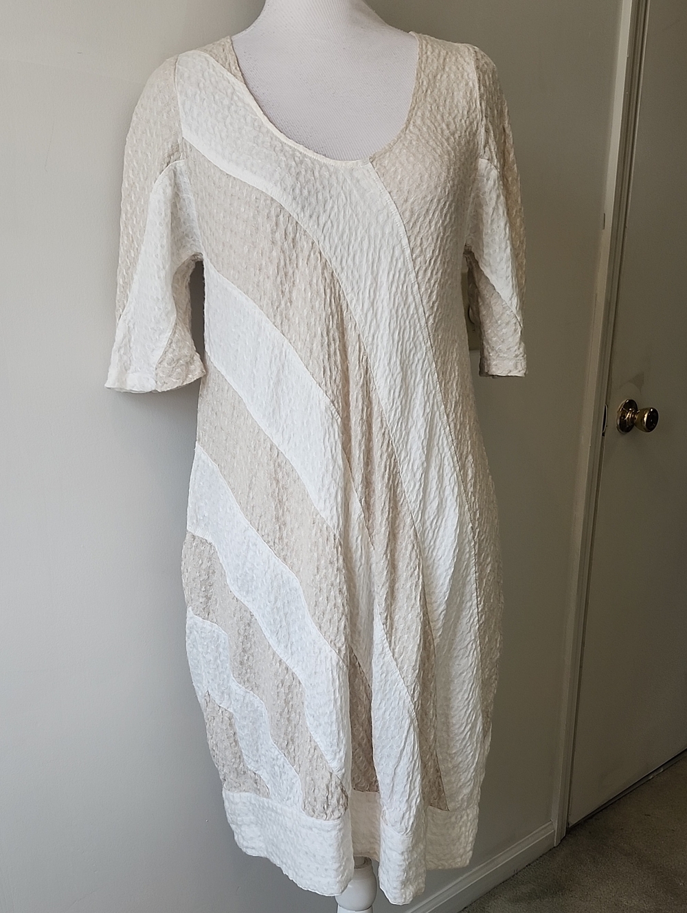 GRIZAS SLEEVELESS BALLOON Tan Cream 100% Textured LINEN DRESS LAGENLOOK size M